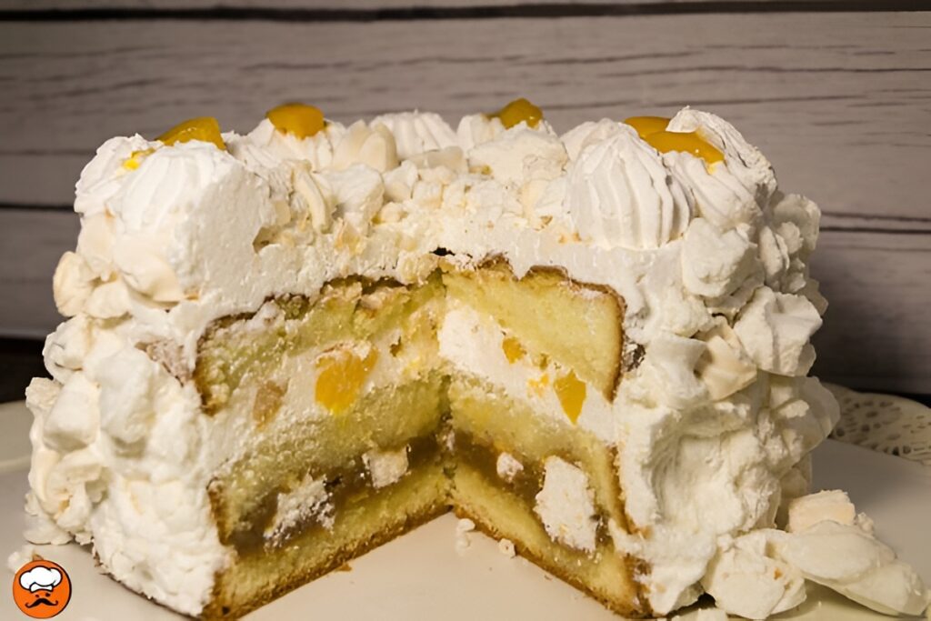 Torta Chajá casera con crema, duraznos y merengue