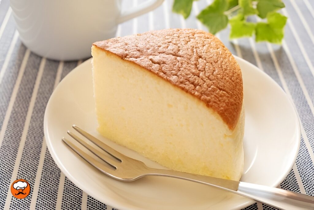 Torta de queso japonesa esponjosa tipo cotton cheesecake en plato blanco