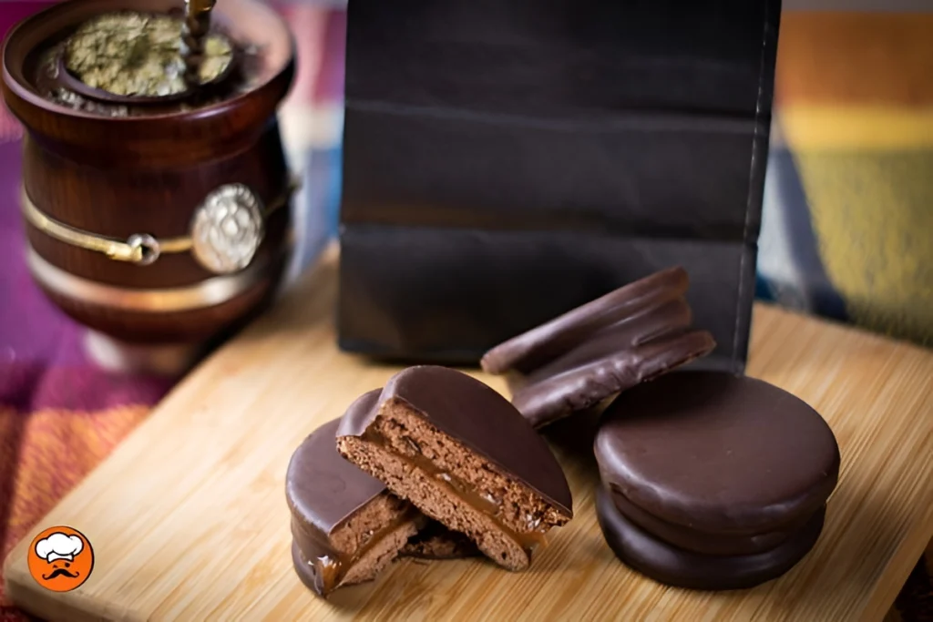 Alfajores de dulce de leche y chocolate sobre una tabla de madera
