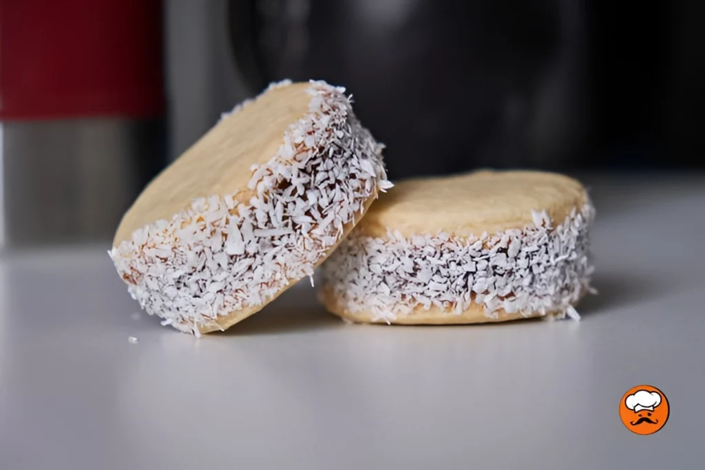 Alfajores de maizena argentinos rellenos con dulce de leche y coco rallado