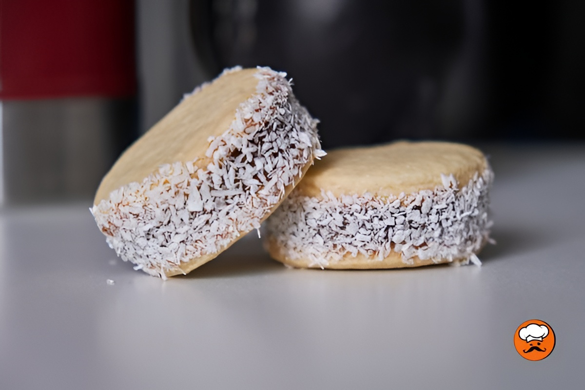 Alfajores de maizena argentinos rellenos con dulce de leche y coco rallado