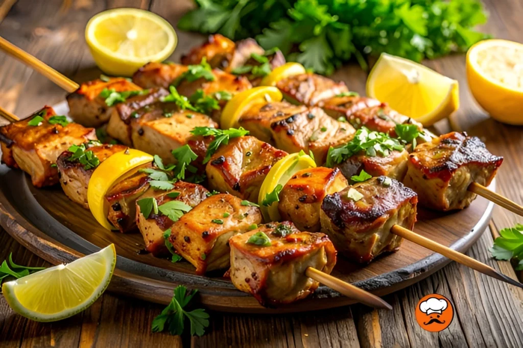 Brochetas de pollo a la parrilla con limón fresco y perejil picado