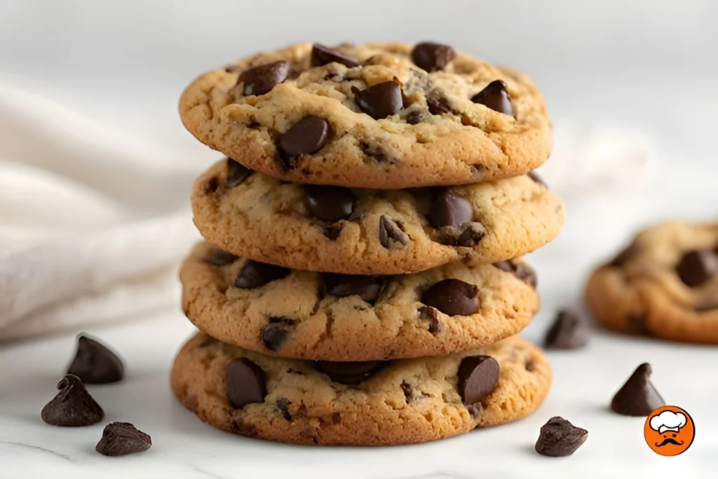 Cookies americanas con chips de chocolate apiladas sobre una mesa clara
