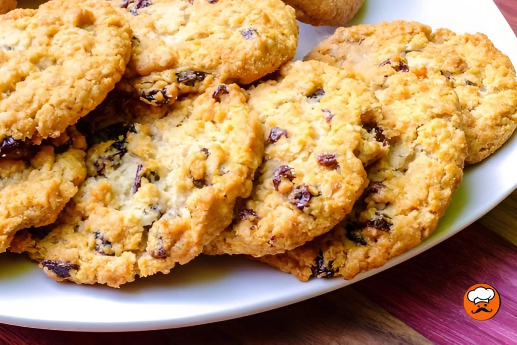 Galletas de avena con pasas recién horneadas sobre un plato blanco