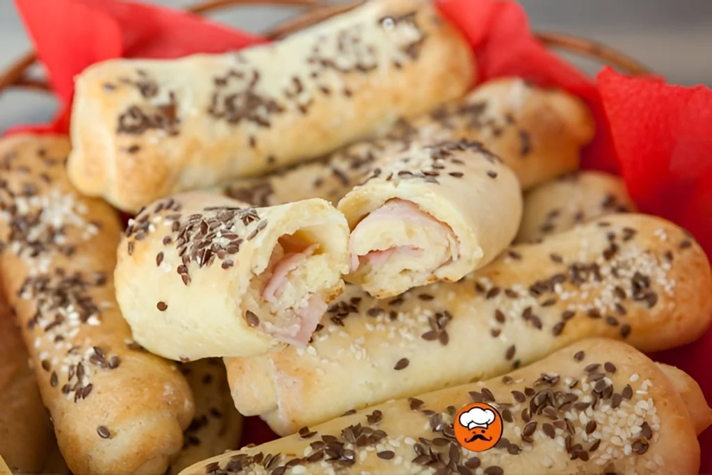 Panecillos esponjosos rellenos de jamón y queso con semillas sobre bandeja