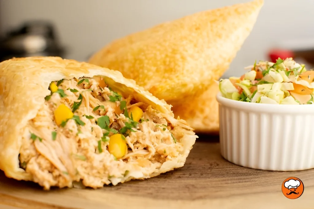 Pastel brasileño relleno de pollo desmenuzado y choclo servido caliente