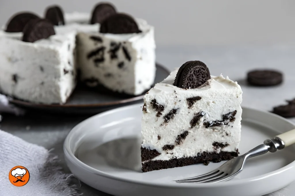 Porción de tarta de queso fría con galletas Oreo y base crocante de chocolate