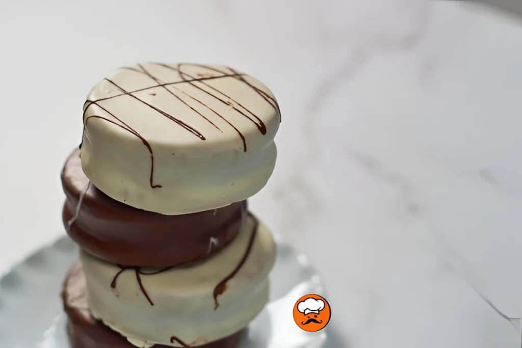 Alfajores argentinos caseros bañados en chocolate blanco y rellenos con dulce de leche