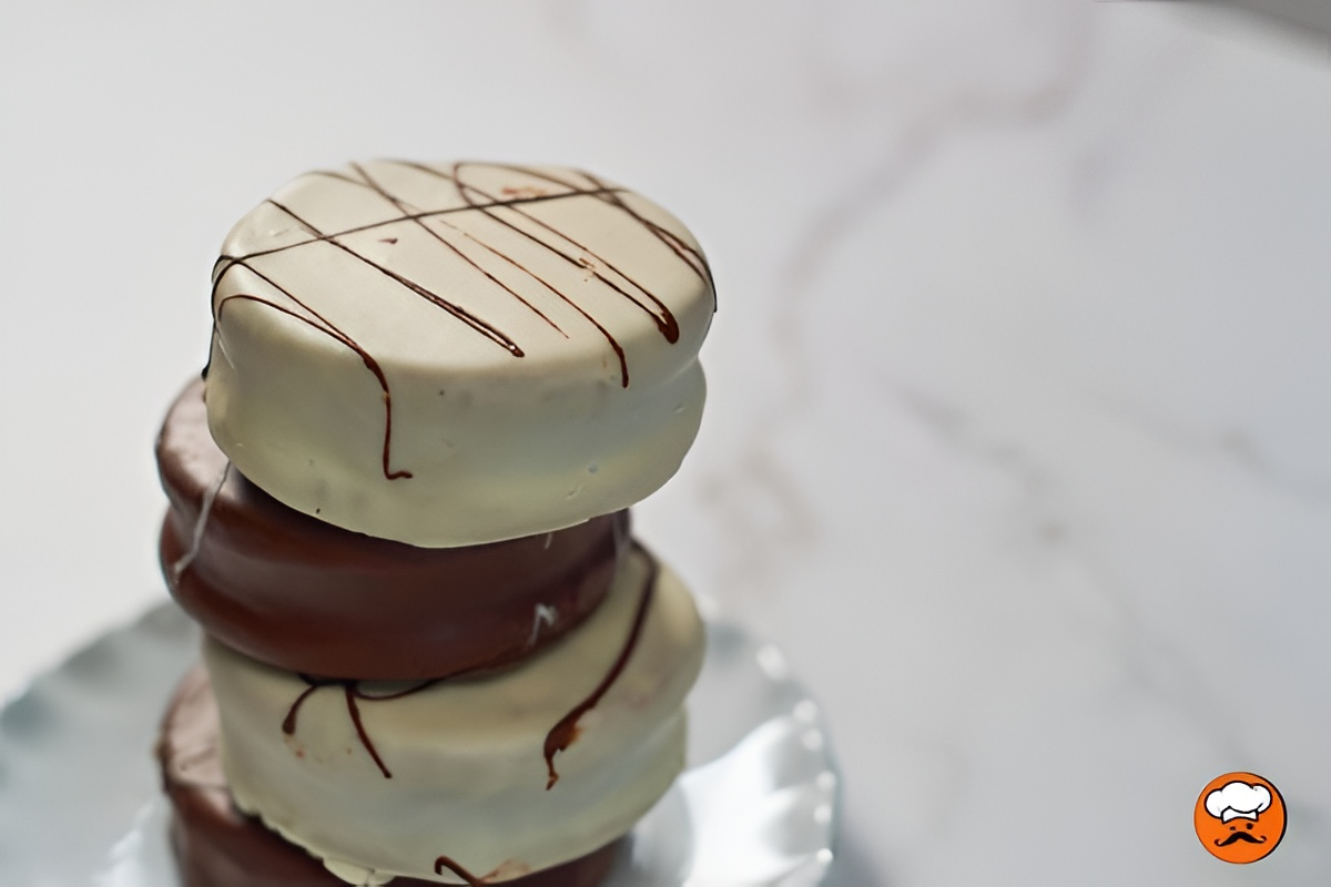 Alfajores argentinos caseros bañados en chocolate blanco y rellenos con dulce de leche