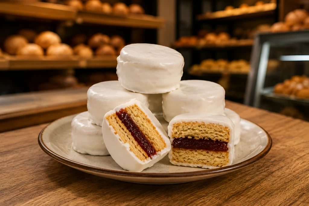 Alfajor argentinos rellenos con dulce de membrillo y cobertura blanca