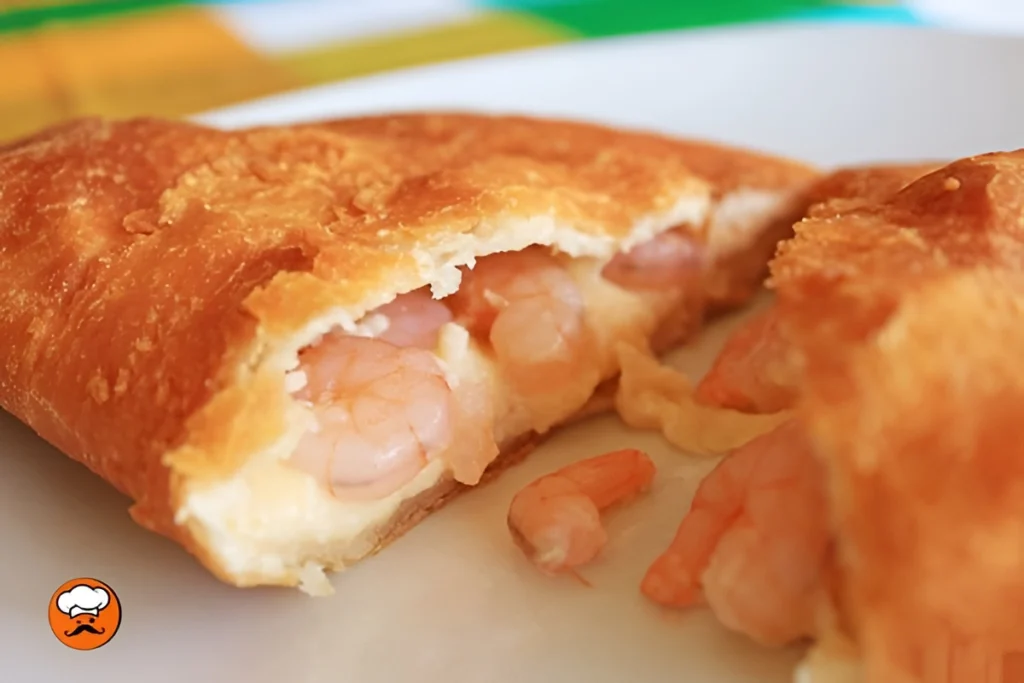 Empanadas caseras rellenas de camarones y queso fundido sobre un plato