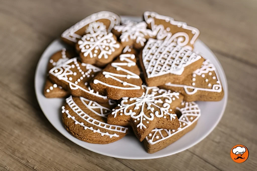 Galletas de jengibre decoradas con glasé blanco sobre plato