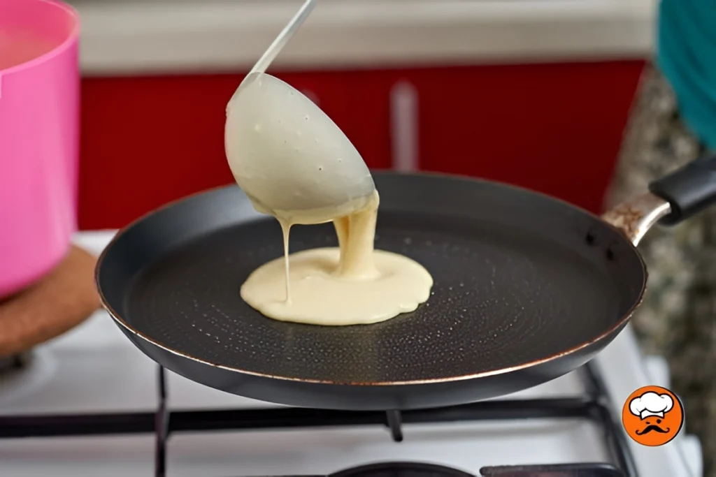 Preparación de masa para crepes caseros vertiéndose sobre una sartén caliente