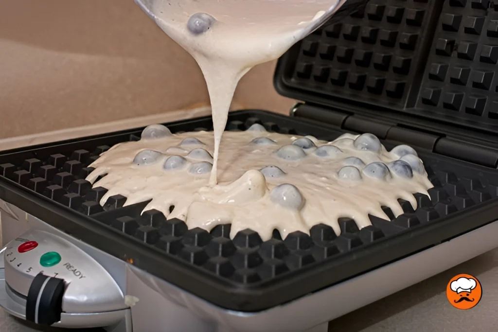 Masa para waffles vertiéndose sobre waflera caliente con arándanos