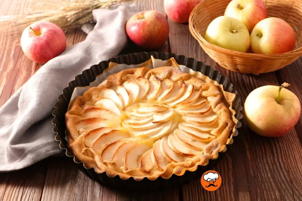 Tarta de manzana casera con láminas de fruta sobre masa dorada artesanal