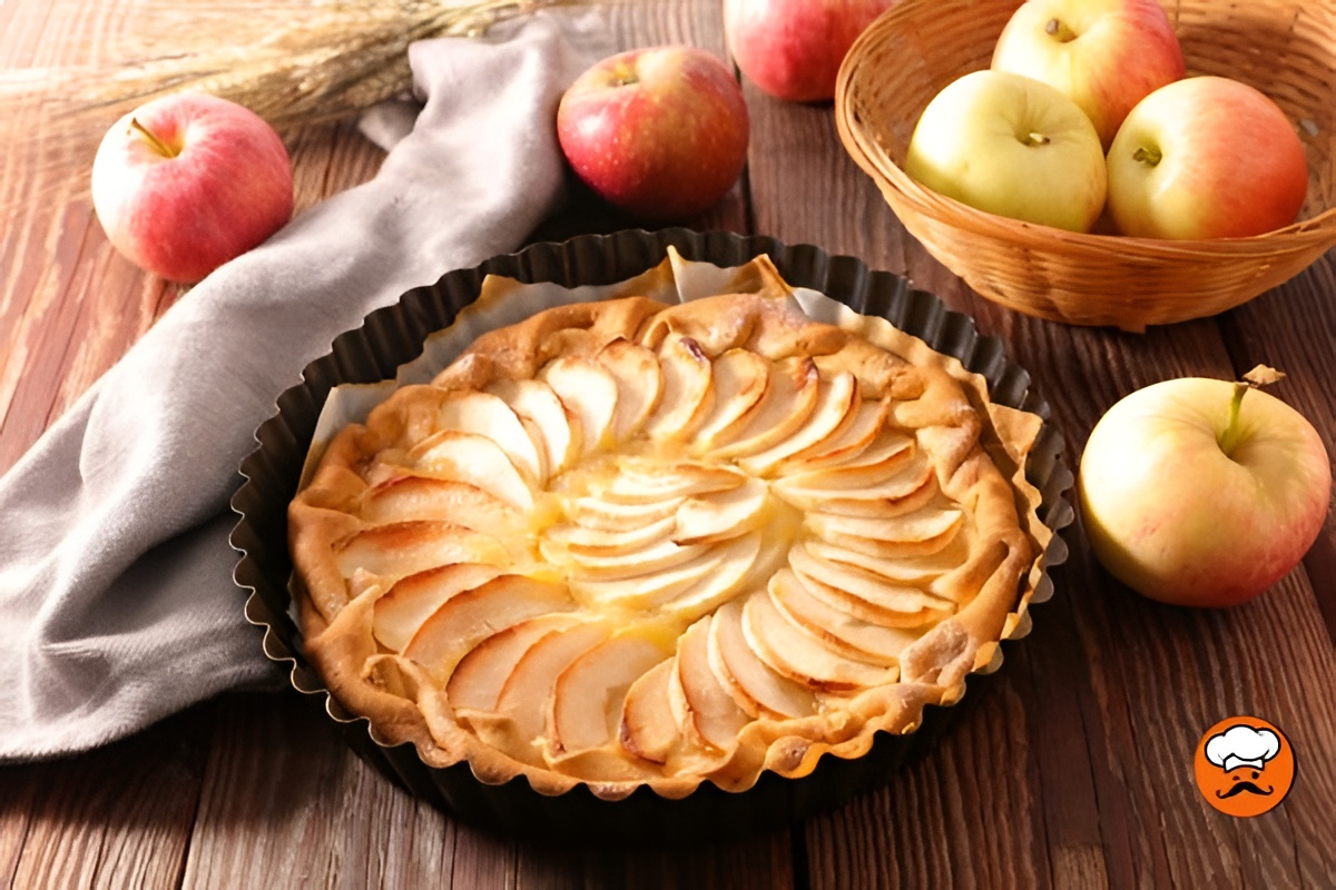 Tarta de manzana casera con láminas de fruta sobre masa dorada artesanal