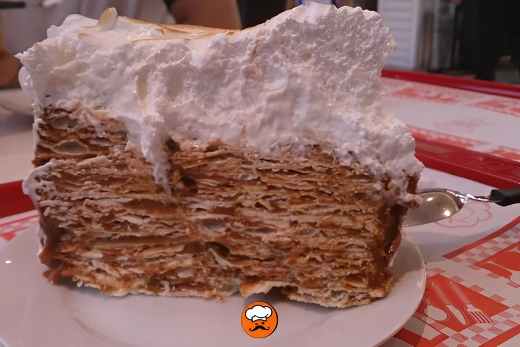 Porción de torta Rogel casera con capas finas, dulce de leche y merengue italiano