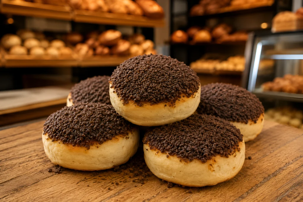 Tortitas negras caseras con azúcar negra sobre mesa de panadería artesanal