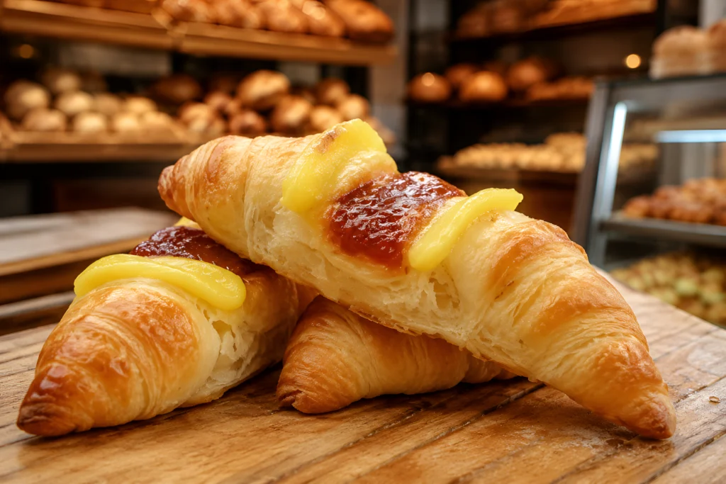 Vigilantes argentinos caseros rellenos con membrillo y crema pastelera sobre mesa de panadería