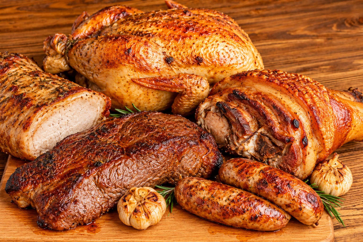 Variedad de carnes asadas al horno y a la parrilla con pollo, carne vacuna y salchichas.